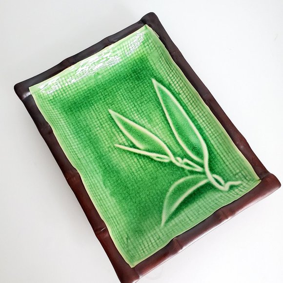 Large Ceramic Bamboo Trinket Dish Faux Wood Trim Green Mesh Imprint MCM Design - Picture 2 of 5